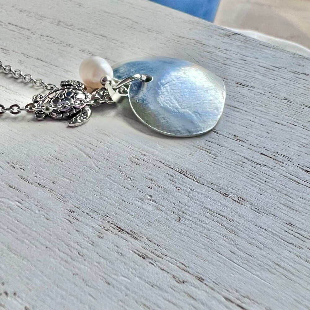 Tropic Beachy Nautical Necklace, Turtle Heart Pearl, Mixed Metal Necklace - Picture 10 of 15